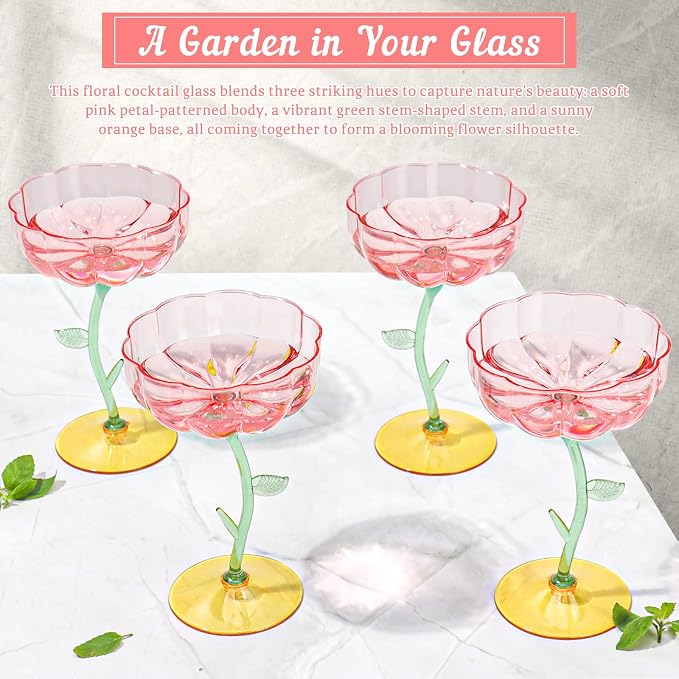 48 Pcs Pink Plastic Ribbed Coupe Glasses Detachable 7oz Flower Cocktail Glasses Modern Wavy Plastic Cocktail Coupes Disposable Martini Glasses Mimosa Glassware champagne goblets (48, PInk)