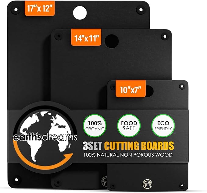 Composite Wood Cutting Board Set of 3 – Dishwasher Safe, Non-Toxic & Plastic-Free Cutting Boards for Kitchen – Extra Large, Large & Small Non-Slip Wood Charcuterie & Chopping Boards (Black)