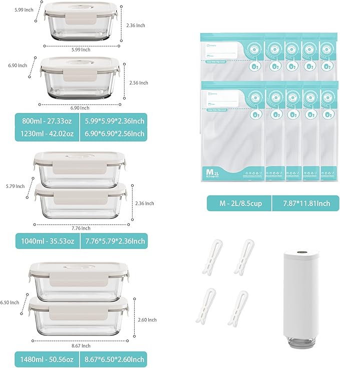 Vacuum Seal Glass Food Storage Containers, 6pcs Containerswith 10pcs Sous Vide Bags/ 1pc Automatic Pump, Meal Prep Container with Airtight Locking Lids for Lunch,Long-Lasting Freshness
