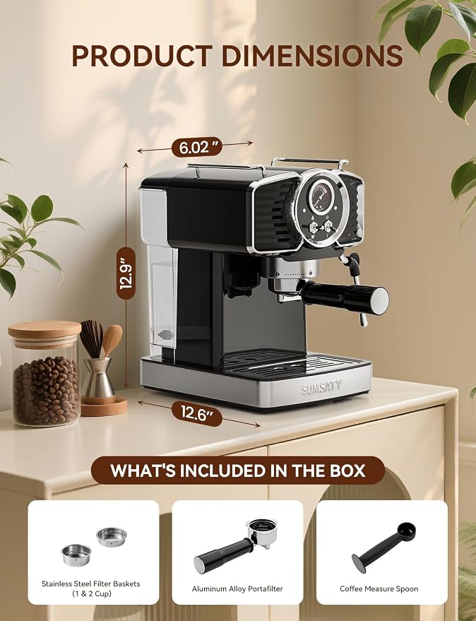 SUMSATY 20 Bar Espresso Machine Retro with Powerful Milk Frother, Black | Visual Pressure Gauge Espresso Coffee Machine 1350W Fast Heating Home Barista for Cappucino Latte Maker, 61oz Water Tank