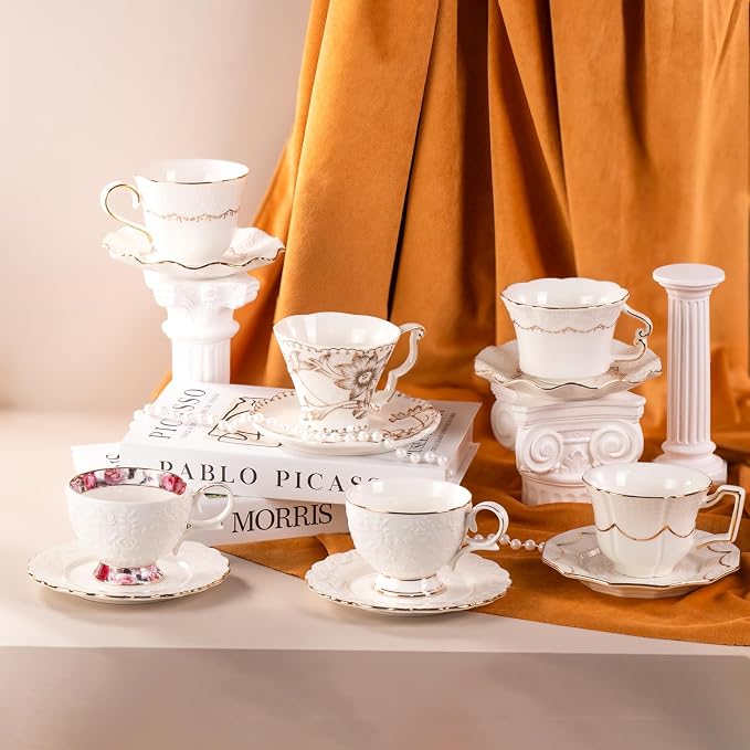 KAMMAK Tea Cups and Saucers Set of 2, 6.7oz Porcelain Coffee Cups with Saucers, Ceramic Espresso Mugs for Coffee, Latte, Americano, Tea, Elegant Teacup and Saucer (YFH14)