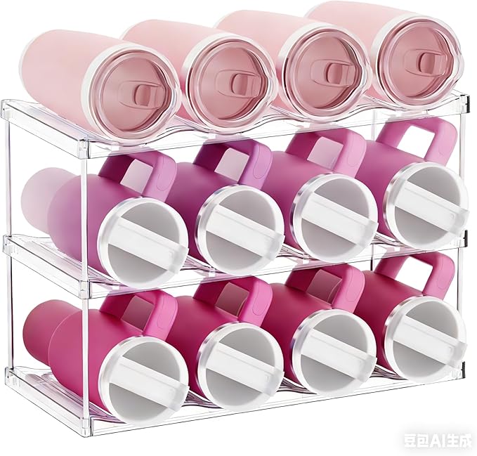 Yieach 3 Tier Waterbottle Organizer for Cabinet - Large Compartment Stackable Water Bottle Holder and Wine Bottle Rack,Acrylic Water Bottle Organizer Rack for 40 oz Stanley Cup,Yeti and Tumbler Shelf