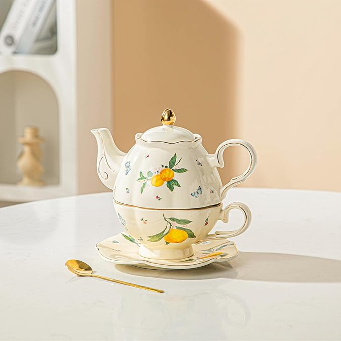 Domini Teapot cup combo,Teapot and Teacup for One,Tea Cup and Saucer Set-Tea Pot Set Gift for Women(Lemon)