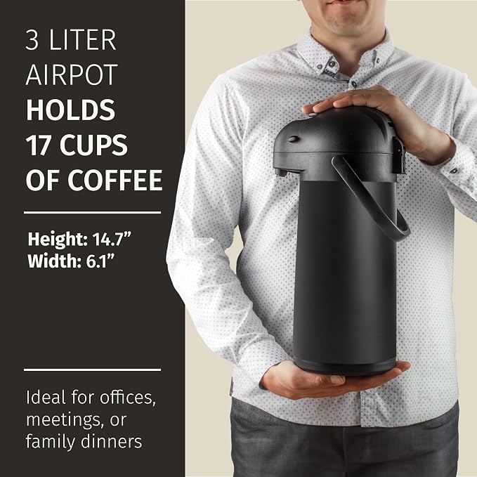 Airpot Coffee Carafe Dispenser with Pump, Black | 12 Hours Hot Water Retention, 36 Hours Cold Retention, Thermal Carafe for Hot Drinks, One-Handed Dispensing