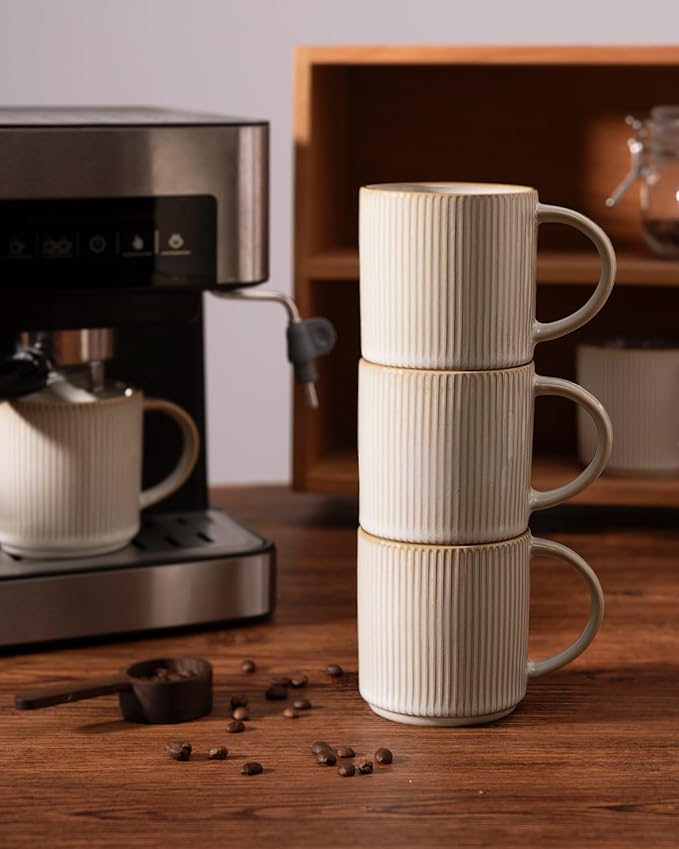 famiware Coffee Mug Set for 6, Star 12 oz Catering Mugs Cup Set with Handle for Coffee, Tea, Cocoa, Milk - Ceramic Stoneware Drinkware Set, Cappuccino White (Pack of 2)