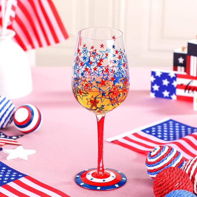SiliFine 2 Pcs Independence Day 4th of July Party Stemmed Wine Glasses Hand Painted USA American Flag Star Drinking Cup Wine Glasses Gifts for Patriotic Theme Holiday Supplies