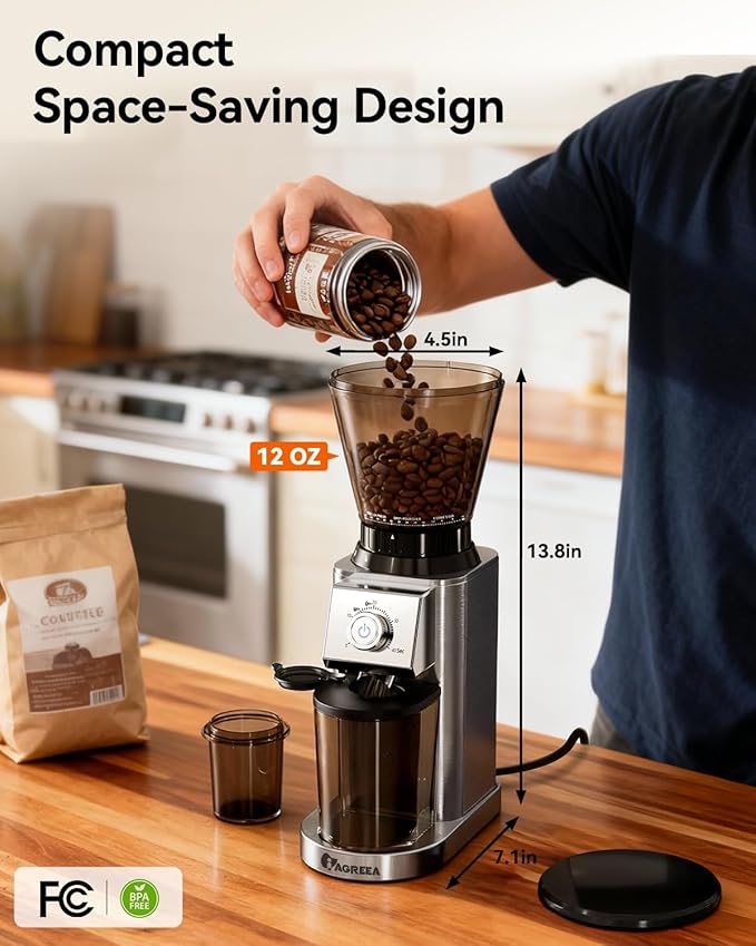 IAGREEA Conical Burr Coffee Grinder, 48 Grind Settings, 450RPM Low-Speed Anti-Static, Precision Timer, Portafilter Holder for Espresso, Drip, French Press, Cold Brew, Stainless Steel