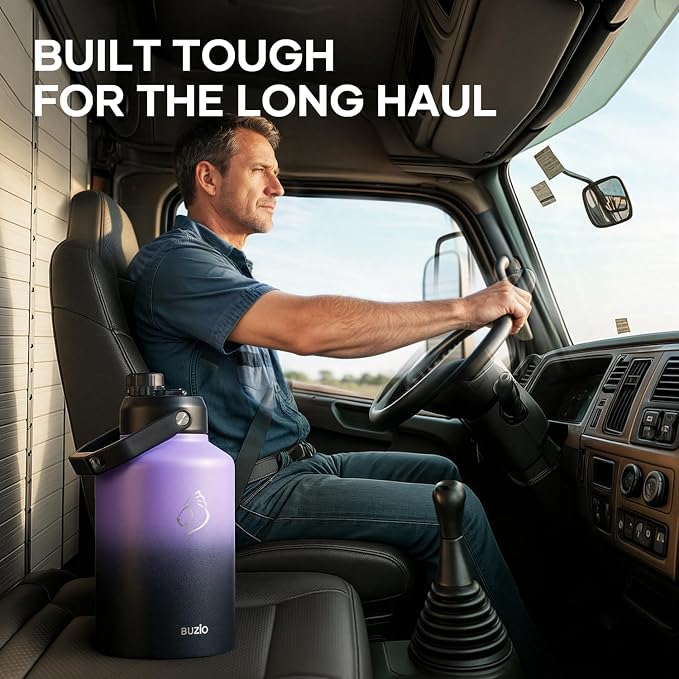 BUZIO 1 Gallon Water Jug Insulated, Stainless Steel Bottle With Large Handle & Spout Lid, 3.58" Big Wide Mouth BPA-Free Leakproof Metal Water Flask For Camping, Adventure, Sports, Black & Purple