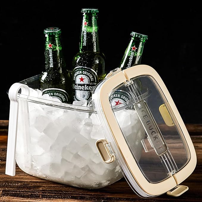 6.7L Ice Cube Storage Bin with Sealed Lid for Freezer Clear Ice Bucket w/ Tong for Bar Refrigerator Containers for Home Beverage Cooler for Whiskey Wine Beers Party Outdoor 8.5*6.6*7.4in Yellow