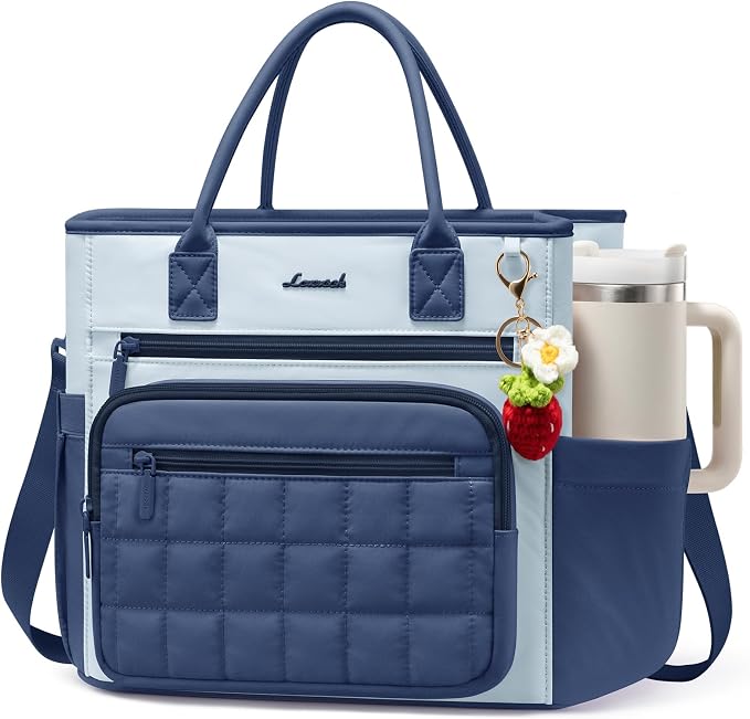 LOVEVOOK Insulated Lunch Bag Women,Puffer Adult Lunch Box for Women with Handmade Strawberry Charm,Wide Opening Leakproof Cooler Bag with Cup Holder for Work Picnic Beach Family College Mom Teacher