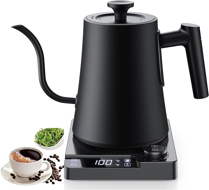 Gooseneck Electric Kettle, ±1°F Temperature Control, Up to 24H Keep Warm, 1.0L 1200W Fast Heating, 304 Stainless Steel Interior, Built-in Brew Timer, Pour Over Kettle for Coffee and Tea