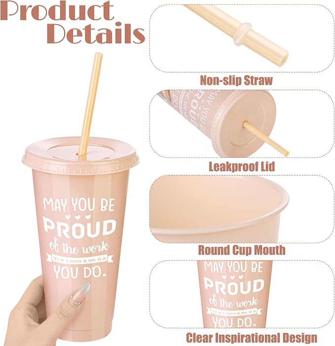 Kochorie 48 Pieces Thank You Cups 24 Oz Inspirational Plastic Tumbler Cup with Lids and Straws Reusable Appreciation Gift Bulk Thank You Gifts for Staff Coworker Teacher Employee, Neutral