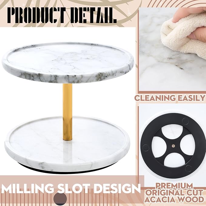 Colingmill 2-Tier Marble Lazy Susan, 10'' Circular Marble Stone Decorative Tray Organizer, Rotating Bathroom Turntable, Kitchen Spice Rack Organizer for Countertop Vanity Dresser Dining Table Pantry