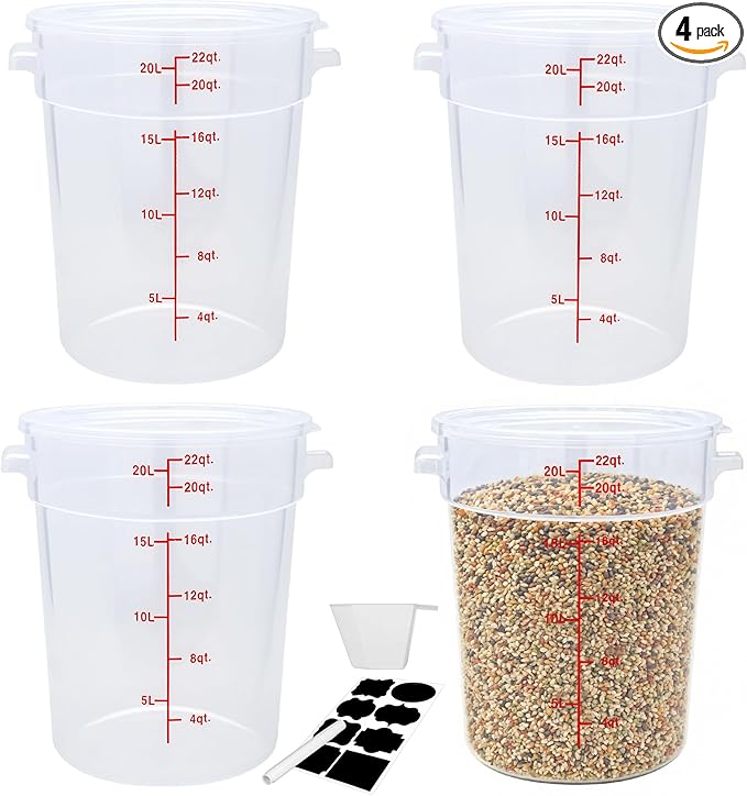 4 Pack 22 Qt Round Food Storage Containers with Lids, Translucent | Translucent containers with lids, easy-read scale, labels and measuring cups; stackable for prep, storage and freezer use.