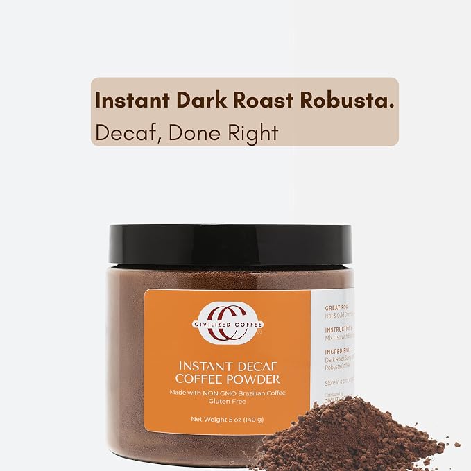 Civilized Coffee Instant Decaf Coffee Powder, 10 oz | Brazilian Decaf Coffee, Approximately 100 Servings, Dark Roast, Smooth Rich Flavor, Dissolves Instantly