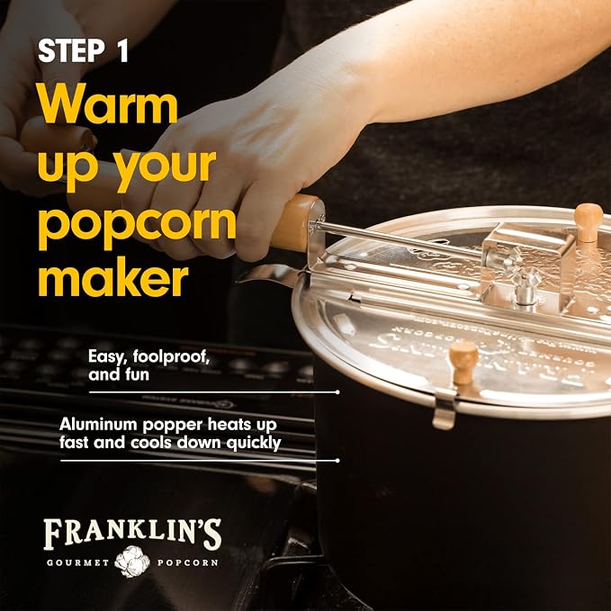 Franklin's Gourmet Popcorn - Movie Night Bundles - Whirley Popper, 28 oz. Organic Popcorn Kernels, 19 oz. Butter Flavored Salt, 30 oz. Butter Flavored Coconut Oil