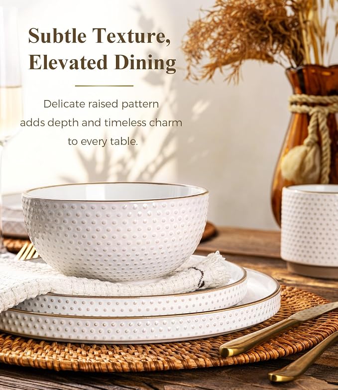GBHOME Stoneware Dinnerware Sets Service for 4, 12 Piece Embossed Plates and Bowls Set, Elegant Ceramic Dish Set, Chip Resistant, Microwave & Dishwasher Safe, Off white（stackable)