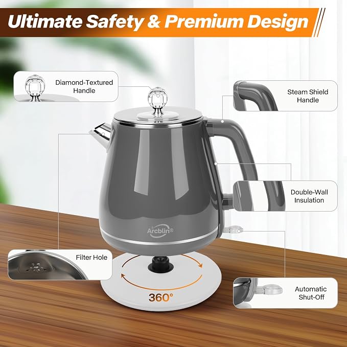 Retro Electric Tea Kettle 1.8L, Stainless Steel Electric Hot Water Kettle for Boiling Water, BPA Free, 1350W Fast Boil, Auto Shut Off & Boil-Dry Protection, Gray