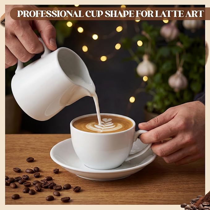 4 Set 11.5 oz Cappuccino Cups with Saucers Large Ceramic Coffee Mugs White Espresso Cup and Saucer Set Heavyweight Porcelain Housewarming Gift for Tea Espresso Latte Kitchen Cafe