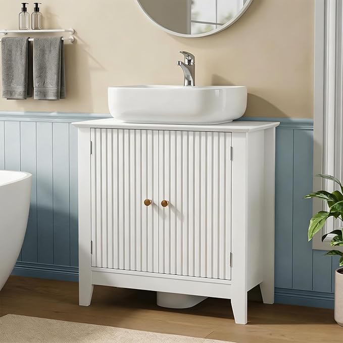 Under Sink Bathroom Cabinet with U-Shape Cutout for Pedestal Sink, Storage Cabinet with 2 Doors, Adjustable Shelf, Freestanding Floor Cabinet, Space-Saving Organizer for Bathroom (White)