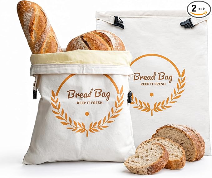 PIPI&TITI Reusable Beeswax Bread Bags for Homemade Bread (2-packs),Zippered Bread Bag for Sourdough Bread Storage,17x12.6 inches Food Storage,Portable Beeswax Cotton Bag,Freezer Friendly