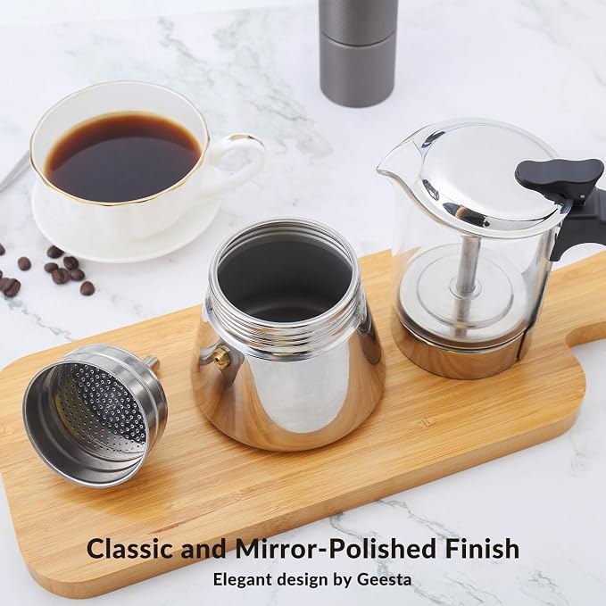 Geesta Premium Crystal Glass-Top Stovetop Espresso Moka Pot - 4/6/ 9 Cups - Stainless Steel Coffee Maker- 160ml/5.6oz/4 cup (espresso cup=40ml)
