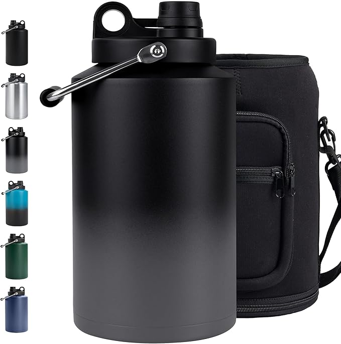 Insulated Gallon Jug with Handle, One Gallon, 128oz Stainless Steel, Large Double Vacuum Water Bottle for Cold Drinks, Wide Mouth, Sweat Proof, Carrier bag, Great for Travel, Camping, Grey Gradient