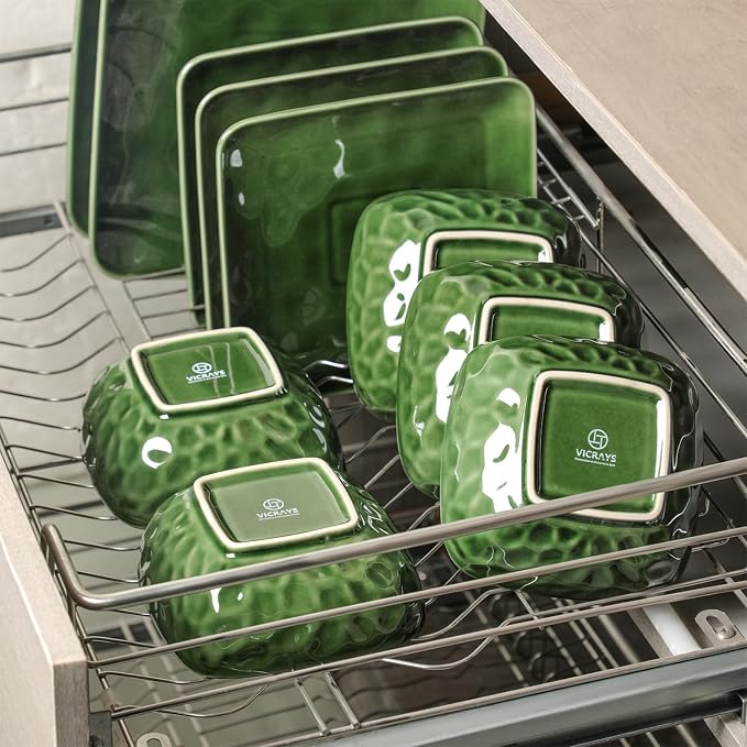 Vicrays Ceramic 24 Pieces Square Dinnerware Set - Dinner Plates Salad Plates Cereal Bowls Set Service for 8 - Scratch Resistant Microwave Oven Dishwasher Safe - Green