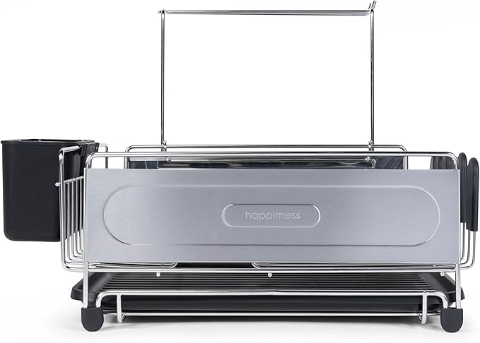 Eyely HSD1000A Compact 17.25" Stainless Steel Rust-Proof Dish Drying Rack with Removable Tray, Removable Utensil Holder, and Wine Glass Holder, Stainless Steel/Black, Silver/Black