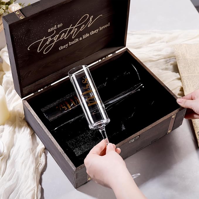 Physkoa Engagement Gifts for Couples-Mr and Mrs Champagne Glasses with Keepsake Box,Cake Knife and Server-Perfect Wedding, Engagement, or Bridal Shower Gift for Couples
