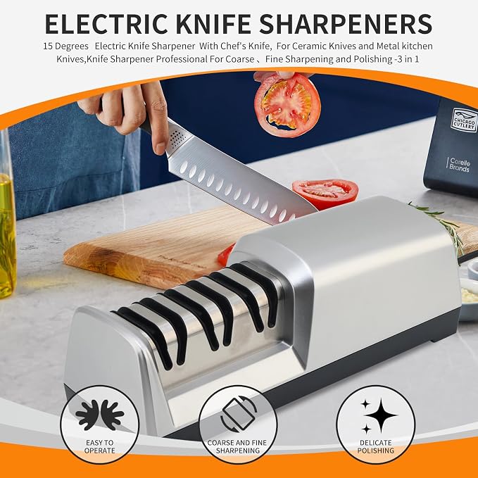 JOVANT 15° Electric Knife Sharpener for Kitchen Knives with 3-step Sharpening System and Diamond Abrasives Suitable for most Metal Ceramic Knives