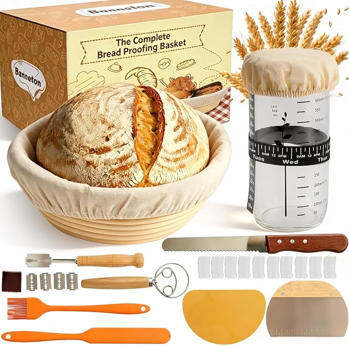 Sourdough Tools Kit, Sourdough Bread Baking Supplies, 9" Round Banneton Bread Proofing Basket, Starter Jar, Ideal Gifts for Bakers Women Mom Wife