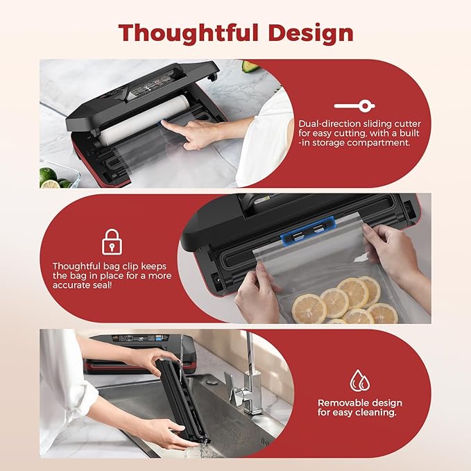 95KPa Vacuum Sealer Machine for Food, Automatic with Dual 12mm Heat Seal, 10-in-1 Modes, Built-in Cutter & Bag Storage, Includes 1 Roll and 10 Pre-Cut Bags