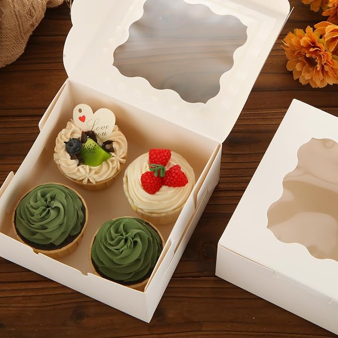 QTLCOHD 100 Pack 6 x 6 x 3 Inch Bakery Boxes with Window | White Cookie Boxes Bulk for Dessert, Cupcake, Pastry, Cookies, Treat, Strawberries Chocolate