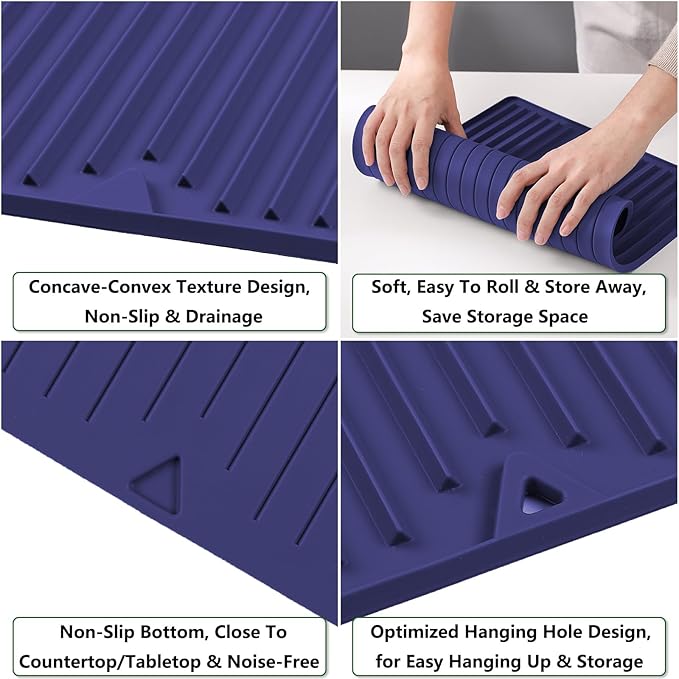 Dish Drying Mat, Flexible Silicone Drying Mat for Kitchen Counter, Heat Resistant Silicone Trivet for Countertop Protector, Super Thick Non-Slip Dish Drying Pad for Under Rack, 12” x 16”