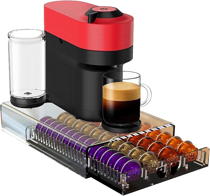 Coffee Pod Drawer Organizer for Nespresso Vertuo Pods,Acrylic Coffee Pod Holder Holds 40 Large or 60 Small Capsules or 28 K-Cups,Pull-Out Drawer with Anti-Slip Base for Home & Office,Matte Black