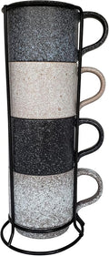 14oz Stackable Ceramic Coffee Mugs with Metal Rack, Assorted Colors - Set of 4 Space Saving Durable Stacking Cups with Speckled Finish