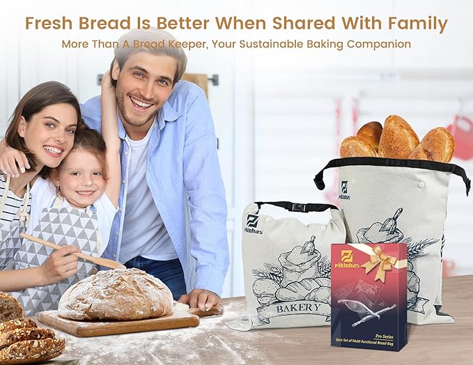Piklohas Sour Dough Bread Bags, 2 Sets Detachable Bread Storage for Homemade Sourdough, Reusable Linen Food Storage with Lining & Triple Lock for Fresh Keeping, BPA Free, Christmas Bread Maker Gifts
