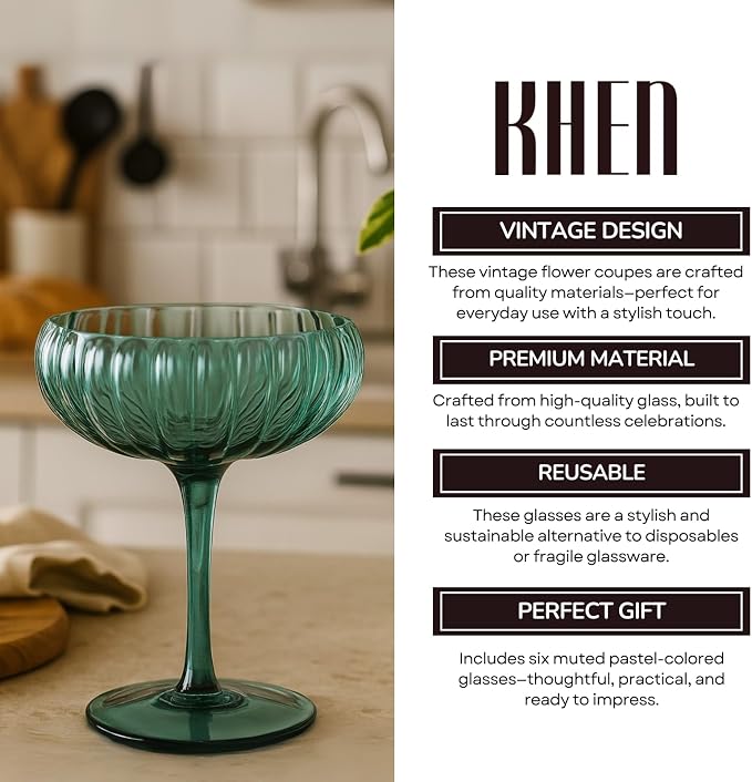 Khen Flower Modern Wavy Glass Coupes Martini, Champagne & Cocktail Coupes - Set of 6-7.7 oz Colorful Cocktail Glasses for Champagne, Prosecco, Mimosa - Copyright Design - Muted Pastel Colors