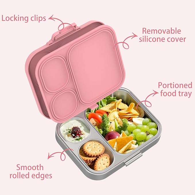 LOHASOK Stainless Steel Kid Lunch Box, Leak-Proof with free sealing Bento Box 3 Compartments Pink Girl