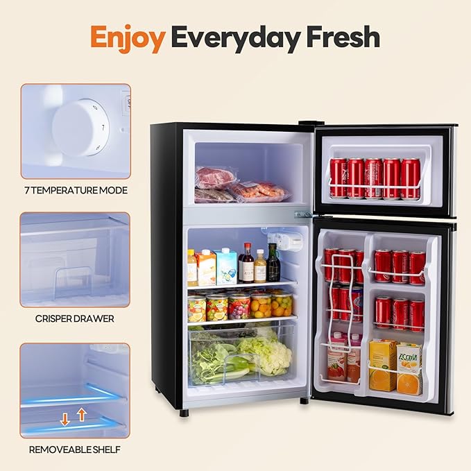 Sweetcrispy 3.2 Cu.Ft Mini Fridge with Freezer, 2 Door Small Refrigerator with Adjustable Thermostat Energy-efficient Low Noise, Compact Fridge for Bedroom, Office, Dorm, Silver