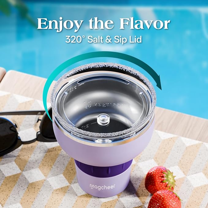 16 oz Cocktail Tumbler with Lid and Straw - Stainless Steel Insulated Margarita Tumbler - 320° Sippable Stemless Wine Cup for Party | Purple