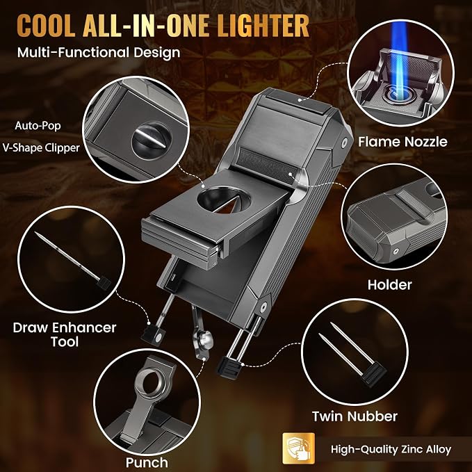 6-in-1 Torch Lighter with Twin Nubber, Auto-Pop V-Shape Clipper, Draw Enhancer, Holder and Punch, Refillable & Adjustable Windproof Butane Lighter, Premium Gift Box for Men & Travel Essential