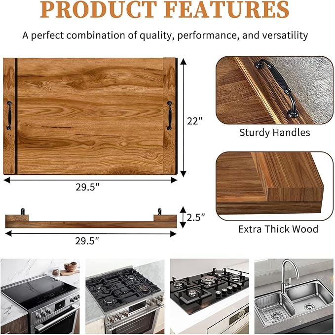 Noodle Board Stove Cover with Handles for Electric, Gas Stove Top (Acacia Wood)