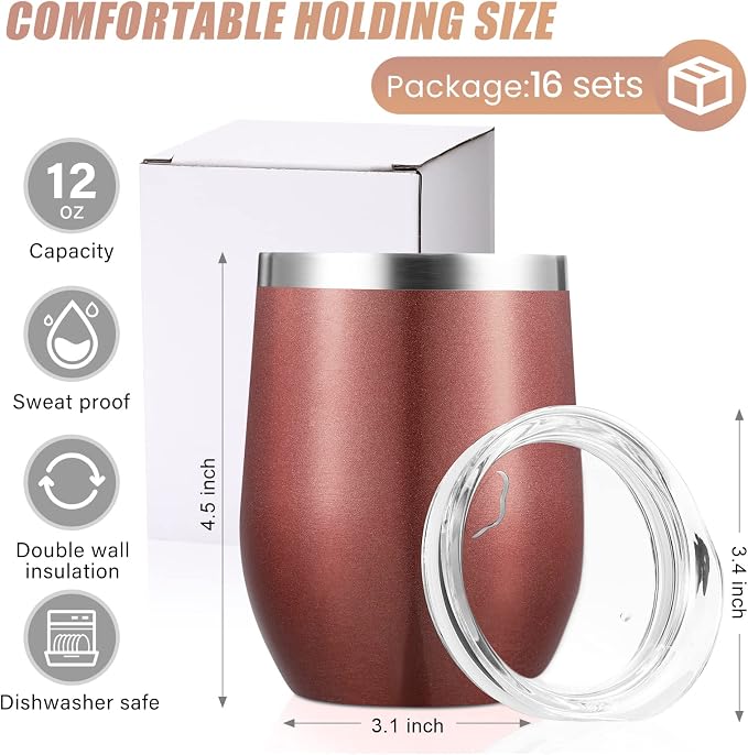 Remagr 16 Pack Stainless Steel Wine Tumblers 12 oz Insulated Vacuum Wine Cup Set Double Wall Stainless Steel Stemless Mug Glasses for Coffee Soda Whiskey Outdoor Travel (Rose Gold)