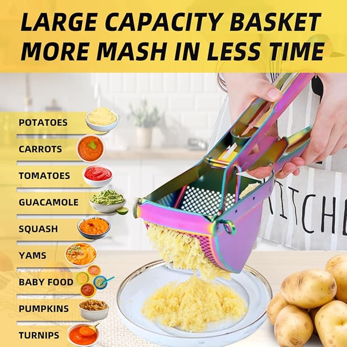 QRU Large Potato Ricer, Heavy Duty Stainless Steel Potato Masher for Commercial and Home Use, Fruit Press Baby Food Masher (Rainbow)