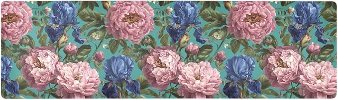 2-in-1 Table Runner Trivet for Hot Dishes Heat Resistant Hot Plate Mat Pad 39x12 Inch Waterproof Table Protector Trivets for Countertop Non Slip Decorative Turquoise Peonies and Irises