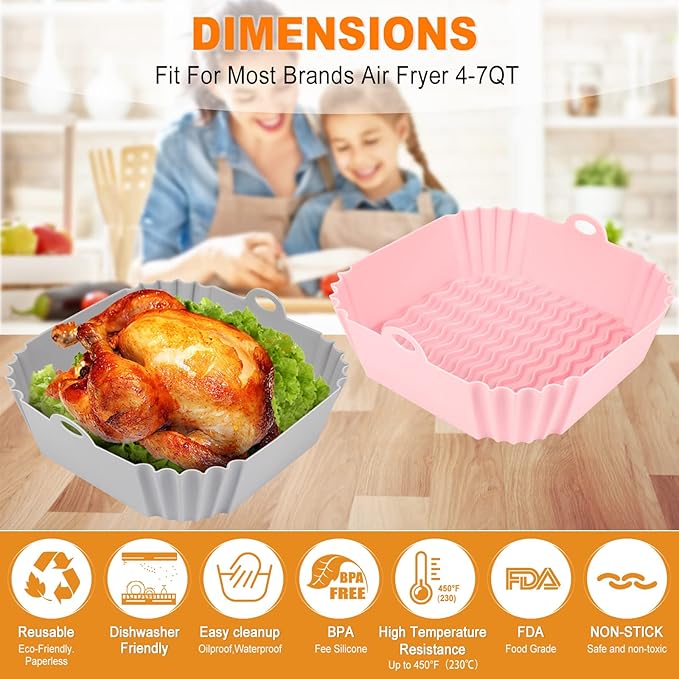 Boribim 2 PCS Square Silicone Air Fryer Liners - 8 Inch Air Fryer Reusable Liners - Kitchen Accessories - AirFryer Inserts for 4 to 7 QT Oven Microwave Accessories (Grey + Pink)