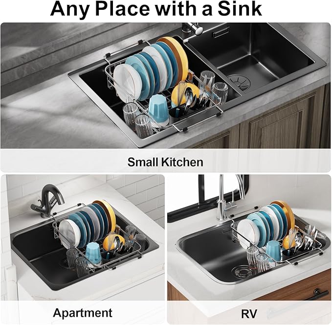GSlife Small in Sink Dish Drying Rack - Expandable Stainless Steel Compact Over The Sink Dish Drainer with Utensil Holder for RV Kitchen Apartment, 11.2" W x 11.2"-17" L, Silver