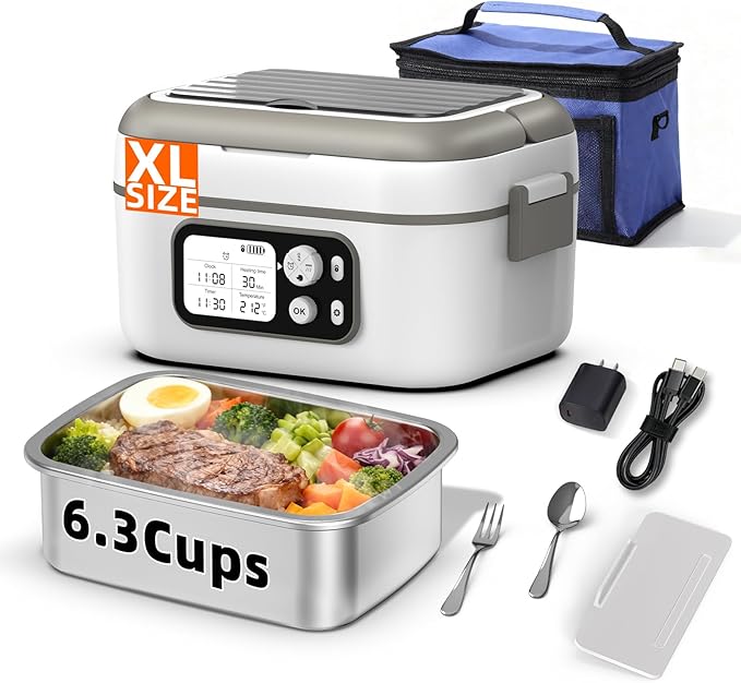 Cordless Electric Heated Lunch Box for Adults, XL 6.3-Cups Rechargeable Battery Powered Smart Self Heating Lunchbox for Men Women, 100W Food Warmer for Trucks Driver Travel Office Worker